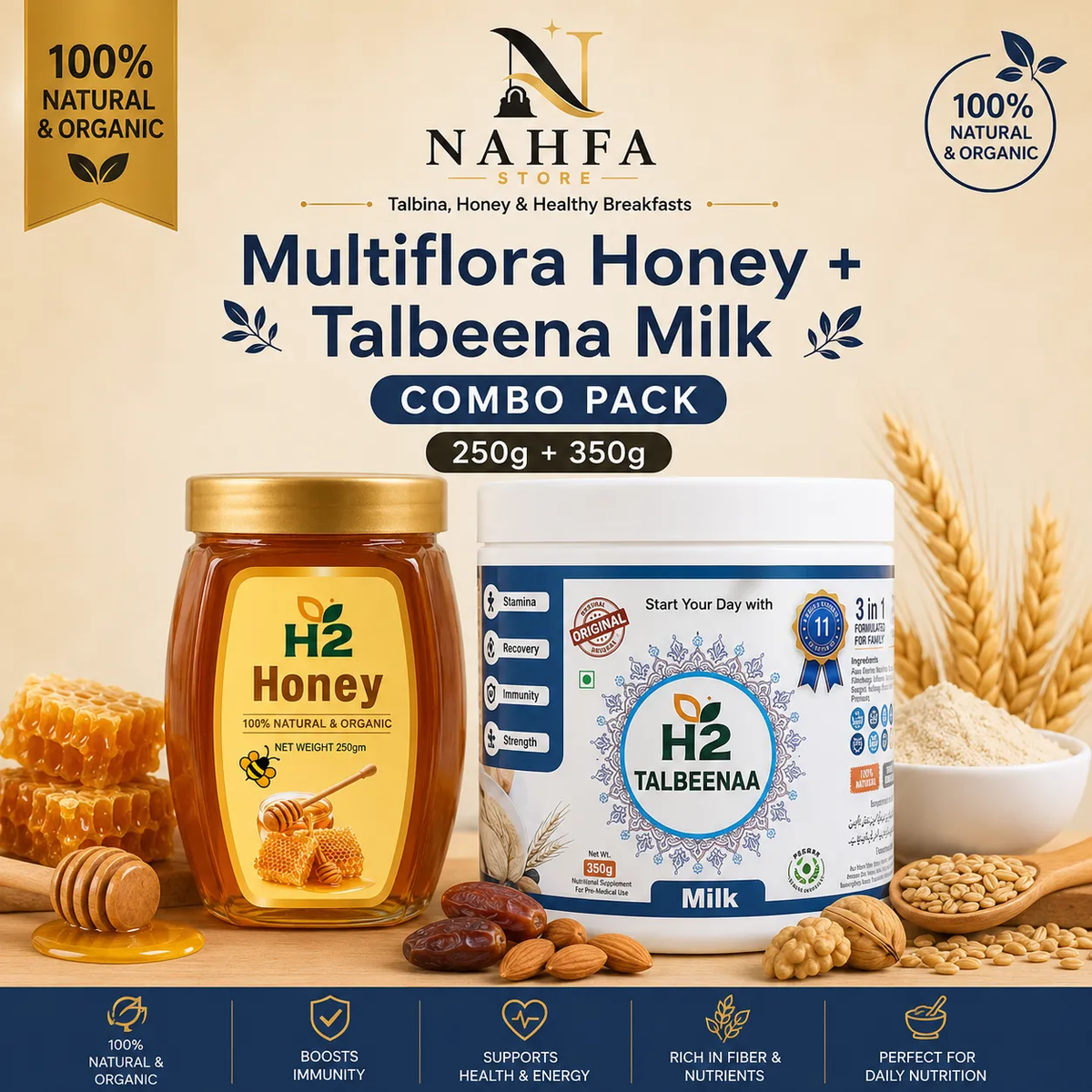 HTWO Multiflora Honey + Talbeena Milk Combo (250g + 350g)