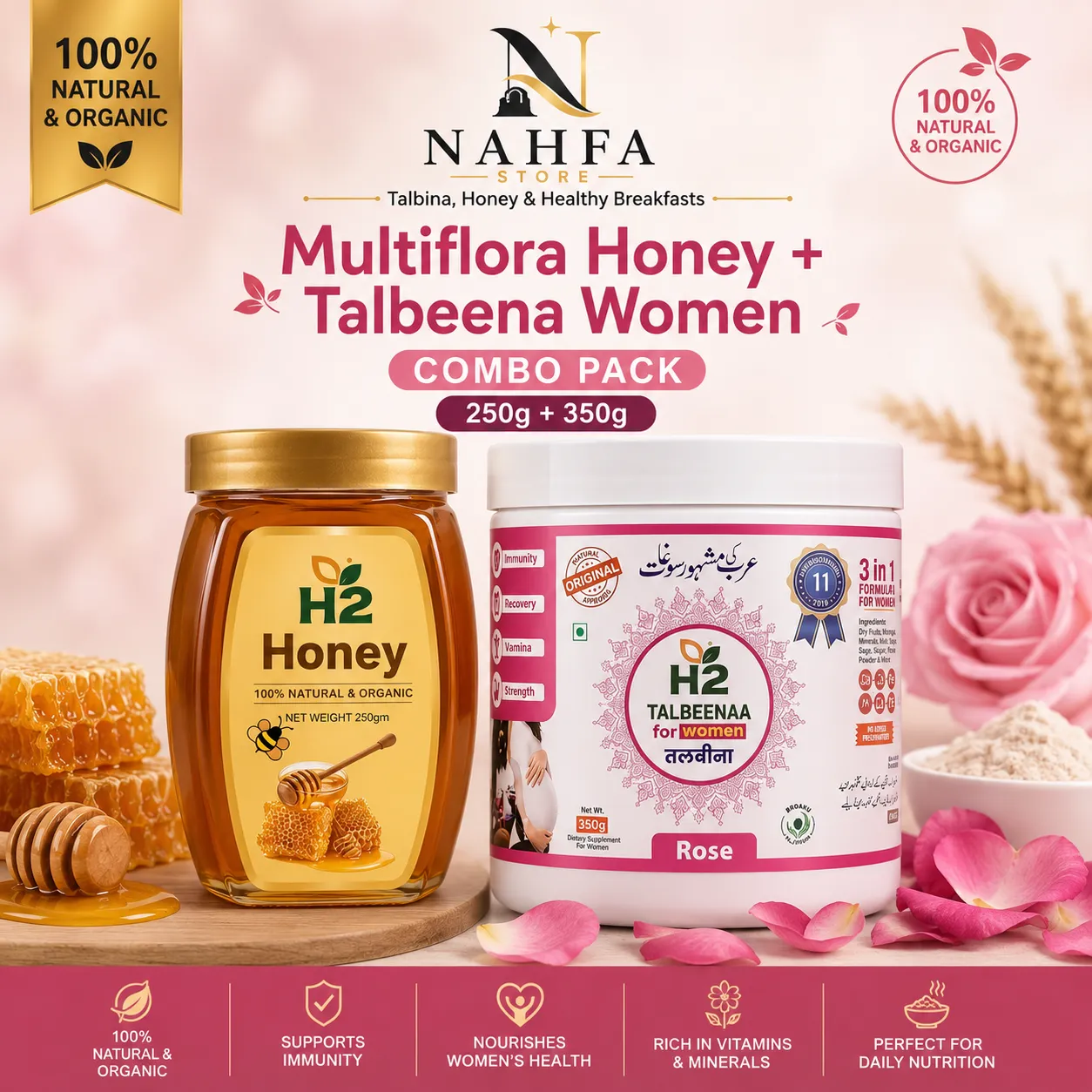 HTWO Multiflora Honey + Talbeena Women Combo (250g + 350g)-Combo-Nahfa Store-HTWO Healthcare