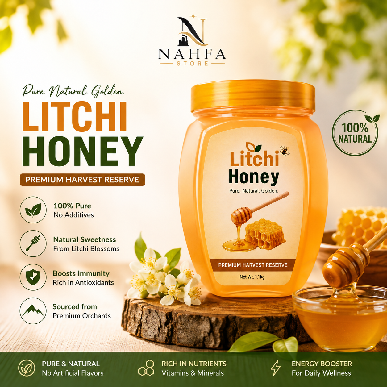 Buy Litchi Honey 1kg - Raw, Organic, Unprocessed & Pure-Honey-Nahfa Store-HTWO Healthcare