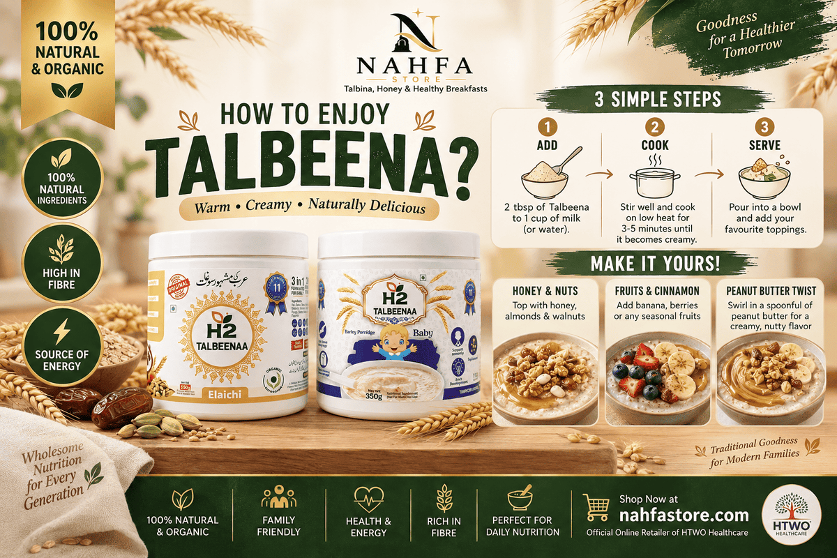 infographic for Talbeena by Nahfa store, showing three containers of the product on a wooden surface with wheat, spices, and breakfast food illustrations. The graphic includes text explaining how to enjoy and make your own Talbeena, along with brand logos and product details.