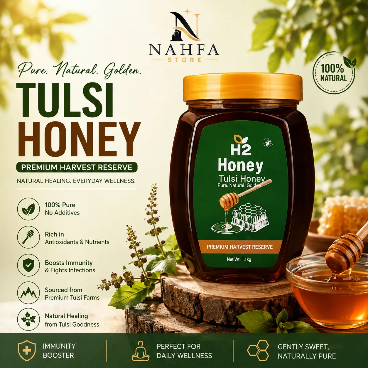 Tulsi Honey 1kg - Raw, Organic, Unprocessed, No Added Sugar-Honey-Nahfa Store-HTWO Healthcare